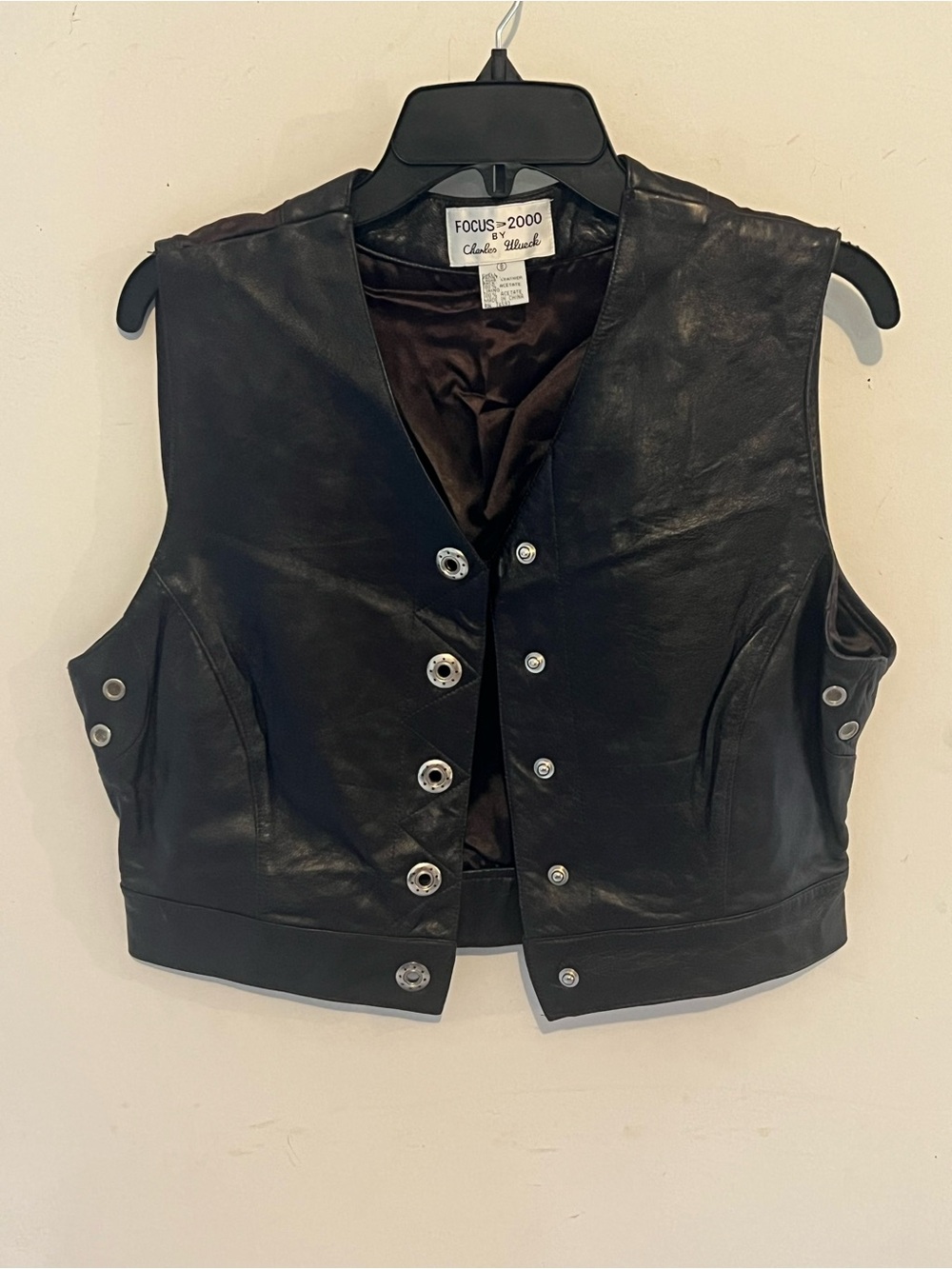 Vintage Focus 2000 Black Leather Vest Snap Front Moto Biker Y2K Women’s 8
